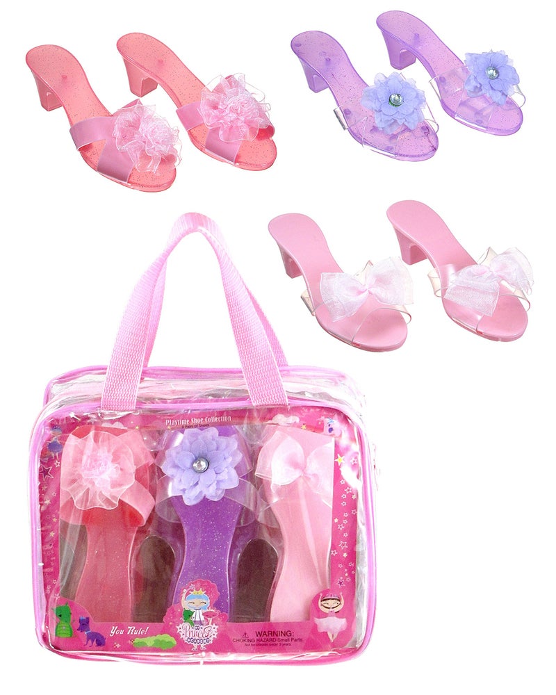 PRINCESS EXPRESSIONS Expressions Kids 3 Pack Dress Up Royalty Shoes with Heels Set in Carrying Bag - Fits Toddler Size 7-10 - Pink, Rose, Lilac Perfect Little Girl Toys Role Play Playset - Image 1